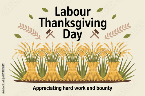 Labour Thanksgiving Day golden wheat sheaf logo maple leaves border appreciation for work and harvest rustic festival badge vector icon