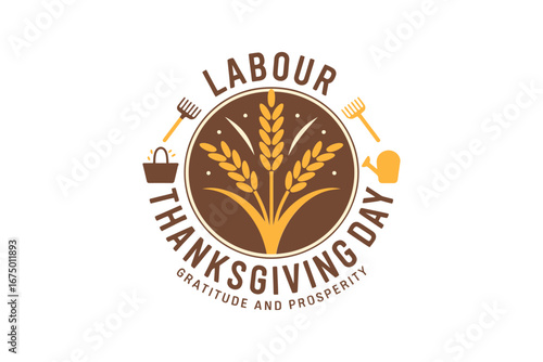 Labour Thanksgiving Day vintage logo, wheat sprout and hands motif, gratitude and prosperity theme, festival branding, sticker label, vector illustration