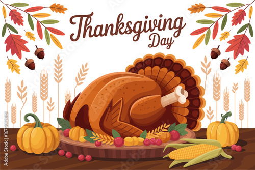 Thanksgiving Day turkey on wooden board, cranberries herbs and vegetables, farmhouse style composition, holiday banner template, printable card, vector illustration