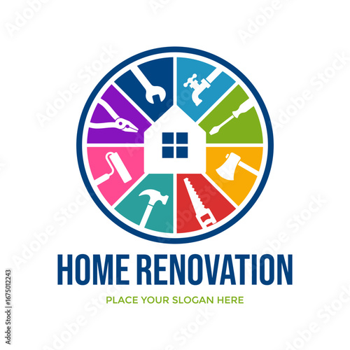 A bright and dynamic logo of a house surrounded by tools, ideal for home renovation, repair, or interior design companies with a creative focus.