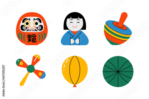 Cute Japan themed icons, daruma kokeshi spinning tops yoyo and paper balloons, classroom sticker pack, flat vector design collection