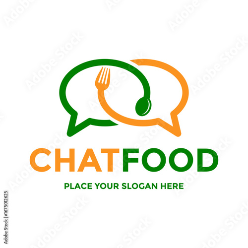 Chat Food logo, perfect for food blogs, recipe forums, or food delivery services. Combines a chat bubble and a spoon/fork, symbolizing food conversation. Clean vector art.