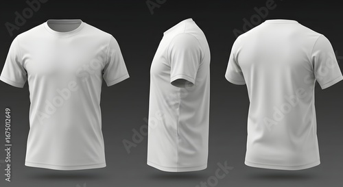 Three-view mockup of a plain white men's t-shirt, showcasing front, side, and back perspectives for design purposes. Blank T Shirt color white template front and back view on white background. t-shirt
