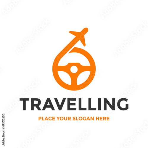 Travelling logo, ideal for travel agencies, airlines, or car rental services. Combines a steering wheel with an airplane, symbolizing both road and air travel. Clean vector.