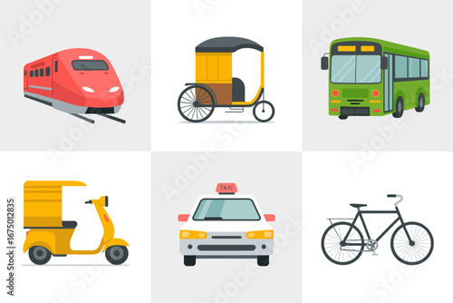 Travel vehicles icon set, high speed train rickshaw bus scooter, police car bicycle, Japan transport collection, vector illustration