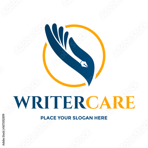 Inspiring logo featuring a hand holding a pen, ideal for writers, editors, publishers, educational institutions, or businesses offering writing services and creative content.