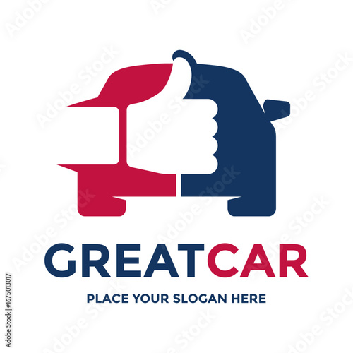 Unique and clever logo featuring a thumb-up gesture integrated into a car shape, great for automotive, vehicle service, or transportation businesses. Bold and modern design.