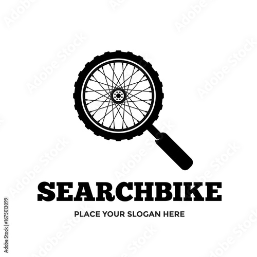 Search bike logo template. A magnifying glass with a bicycle wheel as the lens. Ideal for a bike finder app, review website, or a spare parts search service.