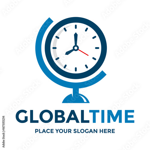 A professional logo that combines a clock with a globe, symbolizing global time, deadlines, and international business. Ideal for a time management company, logistics service, or a financial consultan