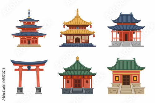 Japanese temple icon set with pagoda torii and shrine pavilions, Asian architecture clipart, clean vector collection for designs