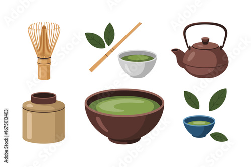 Traditional Japanese tea kit illustration, matcha bowl whisk teapot small cups leaves, clean vector icons for cafe menu and packaging