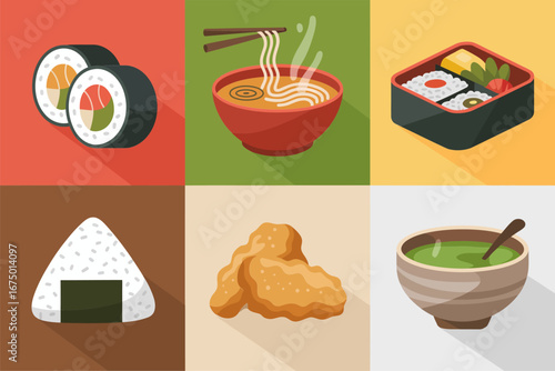 Japanese food grid, sushi ramen bento onigiri karaage chicken matcha bowl, square tiles layout, flat vector