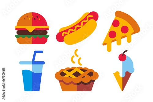 Snack bar icon bundle, burger and fries, hot dog, pizza, soda drink, cupcake, soft serve cone, colorful vector