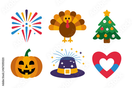 Festive holiday icons pumpkin jack o lantern witch hat fireworks turkey christmas tree valentines heart, cute vector stickers, celebration graphics