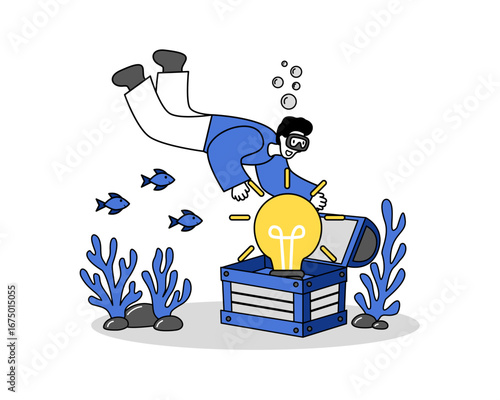 Vector illustration of a businessman diving deep underwater to search for ideas, symbolizing creativity, exploration, innovation, and new opportunities in business.