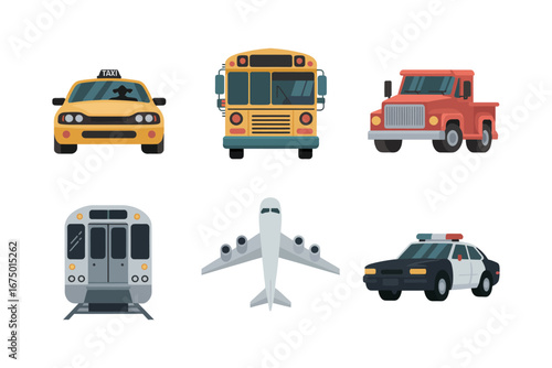 Urban transport icon set, view taxi bus pickup truck, subway train airplane police car, travel vector graphics, transport illustration pack