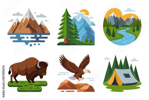 USA national parks icons, mountain landscape scenes with river and pine trees, bison, soaring eagle, tent campsite, adventure vector