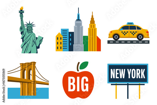 New York icons collection, skyline and statue with taxi and bridge, Big Apple label, travel souvenir, vector illustration