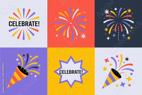 Celebrate grid tiles, fireworks and confetti, star badge, party popper, colorful background, social media template, poster header, web banner, vector pack