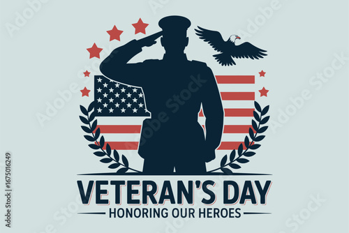 Veterans Day retro logo soldier silhouette inside laurel wreath and flag stripes honoring heroes patriotic memorial badge editable vector illustration