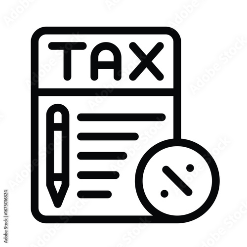 Black line art shows a tax form a pencil and a percentage sign in a circle. Editable stroke icon. Vector illustration