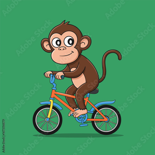 Cheerful cartoon monkey rides an orange and blue bicycle with yellow forks and blue pedals, smiling brightly against a solid green background.
