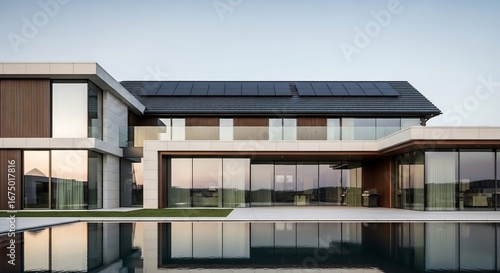 Wallpaper Mural Luxury contemporary house facade with solar panels, pool reflection architectural photography for sustainable lifestyle branding Torontodigital.ca