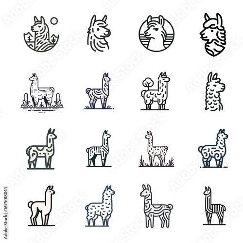 Set of Llama Line Art Illustrations and Outline Icons with Minimalist Design