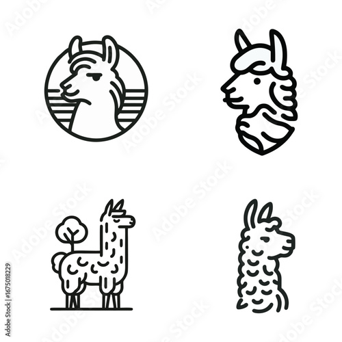 Llama and Alpaca Line Art Icons Set with Minimalist Graphic Illustrations