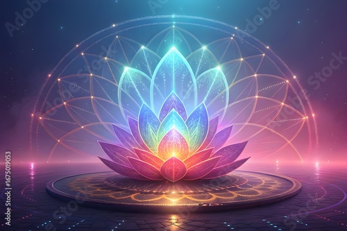 Vibrant rainbow lotus flower with cosmic energy network