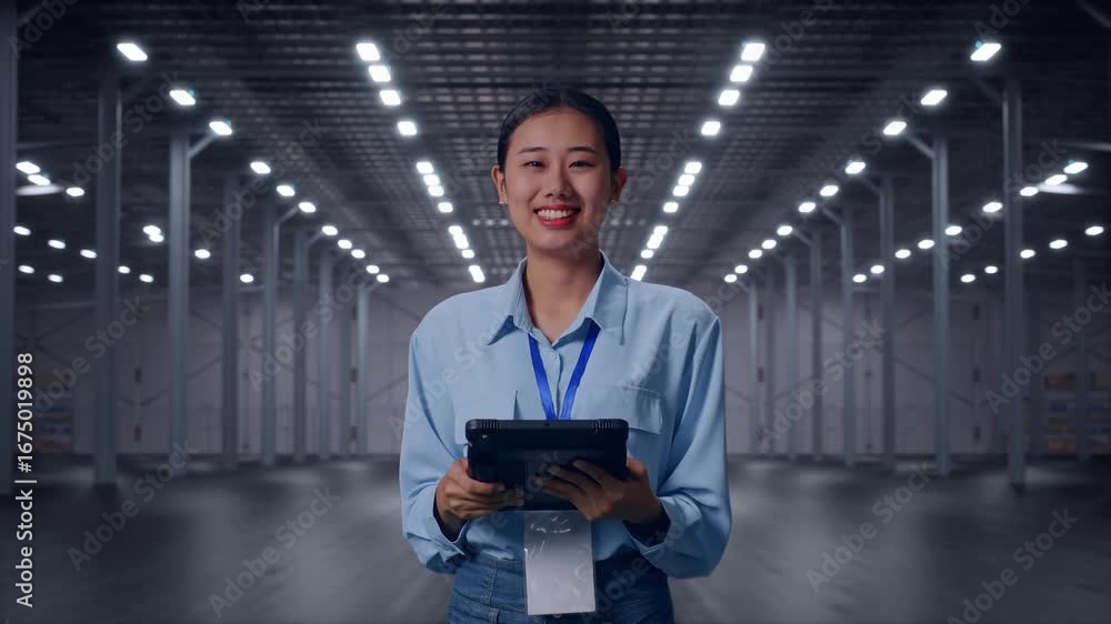 custom made wallpaper toronto digitalAsian Female With Her Tablet in Empty Modern Warehouse, She Is Looking At The Camera With A Smile