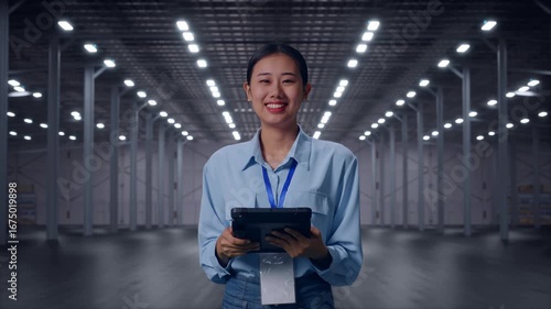 Wallpaper Mural Asian Female With Her Tablet in Empty Modern Warehouse, She Is Looking At The Camera With A Smile Torontodigital.ca