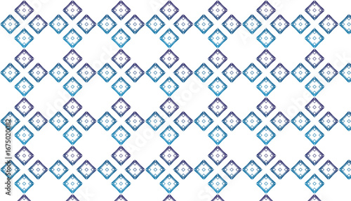 Geometric seamless pattern in shades of blue with embroidered diamond shaped tile arrangement