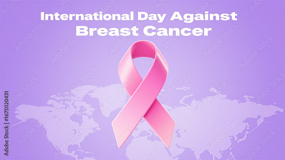 Fototapeta premium The pink ribbon and the world map, the global concern for breast cancer prevention, are used for the propaganda scene of the International Day of breast cancer Prevention. 