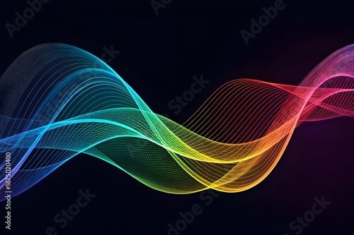 Vibrant rainbow wave of digital sound particles on dark background