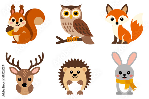 Cute woodland animals vector set, squirrel owl fox deer hedgehog rabbit, forest wildlife icons, kids clipart