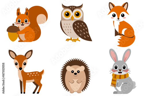 Forest animals cartoon pack, squirrel owl rabbit deer hedgehog mouse, autumn wildlife vector, nursery clipart