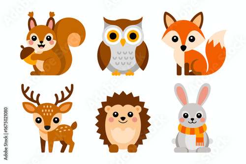Woodland critters icon set, squirrel owl fox deer hedgehog bunny, cute animal clipart, fall forest vector