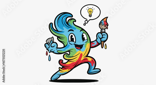 A colorful cartoon character, resembling a paint splash, holds a paintbrush and a rock, with a lightbulb in a thought bubble, suggesting creativity and innovation.