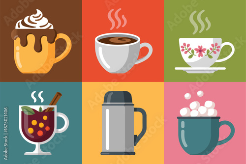 Hot drinks square tiles, cocoa coffee tea mugs, thermos with marshmallows, cozy cafe vector, winter beverage clipart