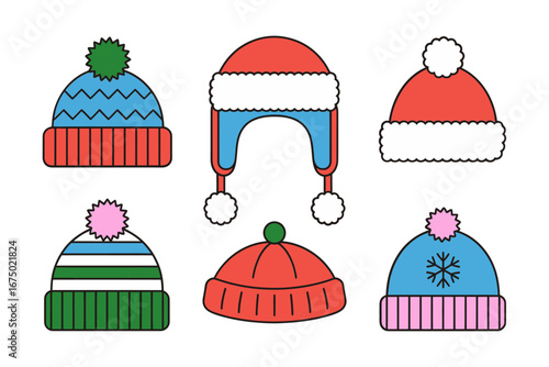 Winter hat collection with beanies pom pom caps and ear flap ushanka, cozy knit accessories, fashion vector icons for listings