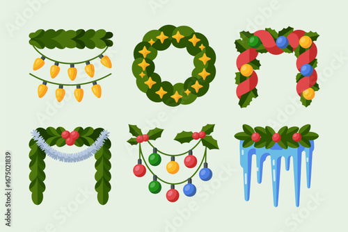 Christmas garland wreath and bulb lights border, pine branch swag decoration, festive winter decor, holiday banner element, vector illustration