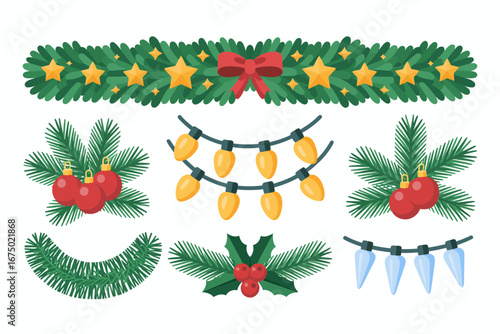 Pine garland decoration set with bows ornaments bells and string lights, holiday borders and swags, realistic Christmas vector elements