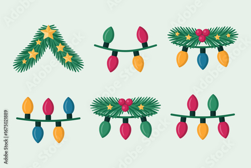 Pine garland swags with multicolor lights, arch corner and loop variations, holiday trim assets, seasonal banner design, vector clipart elements