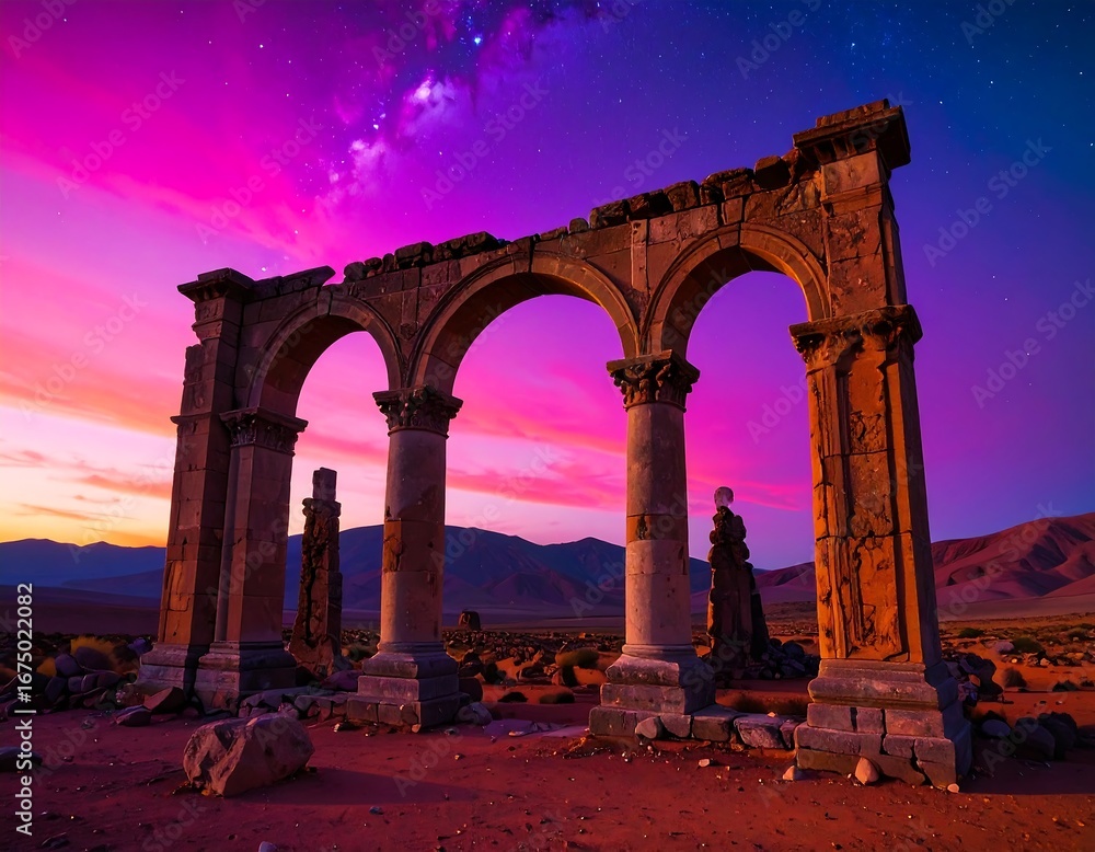 Fototapeta premium Ancient arches under a vibrant sunset sky