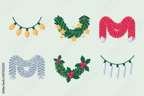 Tinsel and pine letter shapes, festive garland alphabet segments, glowing bulb strings, winter decoration borders, holiday design assets, vector illustration