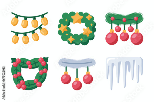 Christmas wreath and swag icons, pine foliage with ornaments, bauble clusters, icicle drops, seasonal border set, festive decoration, vector clipart