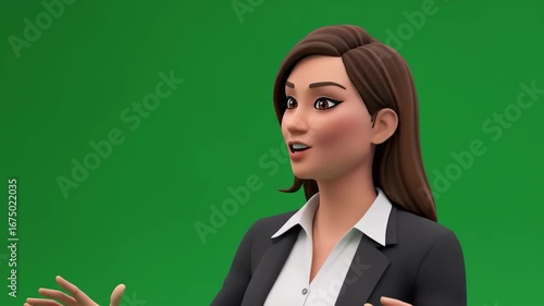 3D animated businesswoman giving a presentation against a green screen.