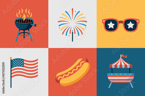Fourth of July celebration grid showing barbecue grill fireworks sunglasses American flag hot dog and beach umbrella festive vector