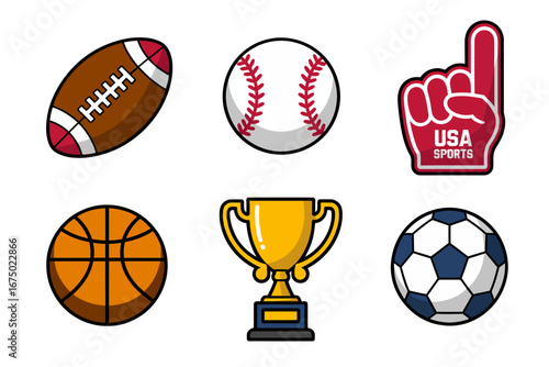 USA sports icon set, football baseball basketball soccer, champion trophy foam finger, fan merchandise graphics, bold team branding vector